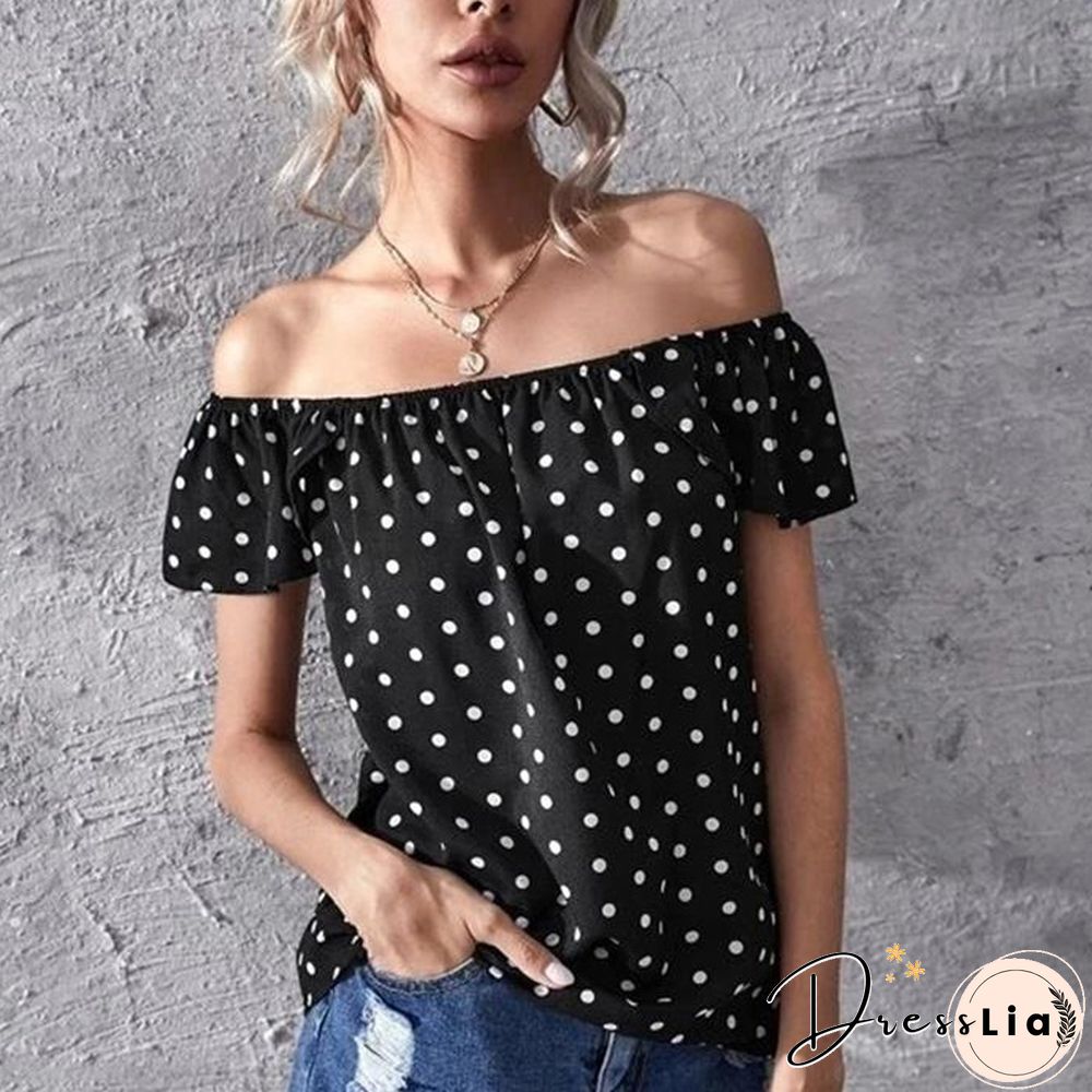 Summer Fashion Casual Print Dot Blouse Women Off Shoulder Short Sleeve Blue Tees Black Mujer Tops Lady Shirts Blouses New