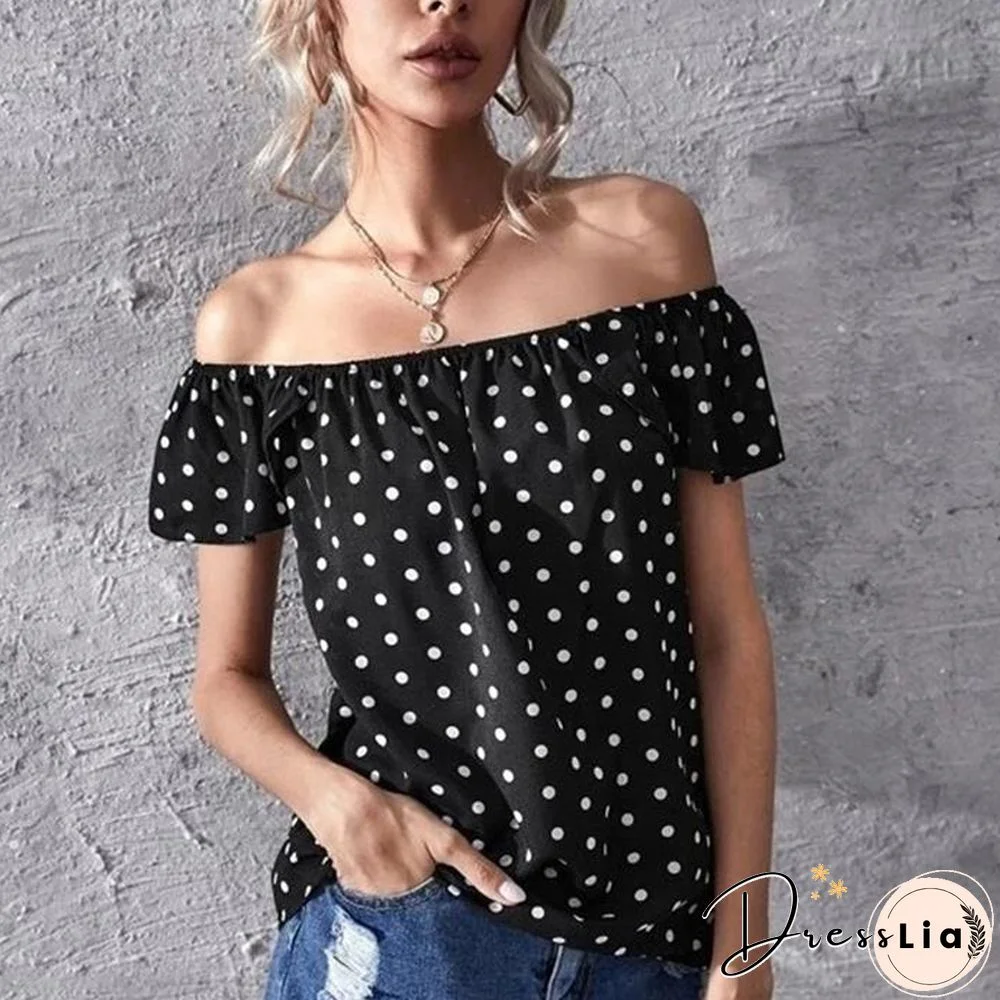 Summer Fashion Casual Print Dot Blouse Women Off Shoulder Short Sleeve Blue Tees Black Mujer Tops Lady Shirts Blouses New