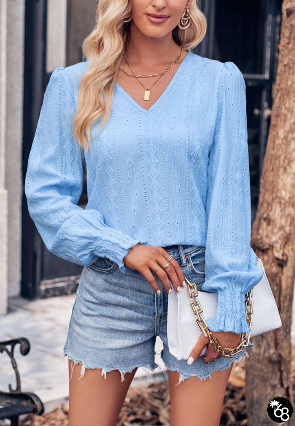 Shirred Cuff Eyelet Blouse | 168DEAL
