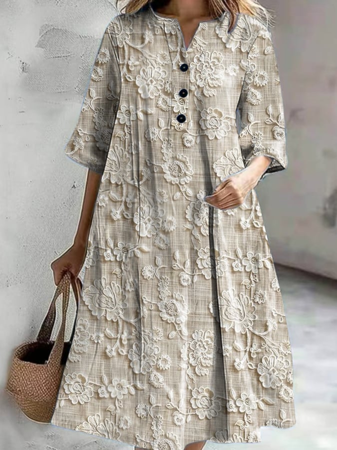 Women's Casual Floral Print Cotton and Linen Dress (With Pockets)