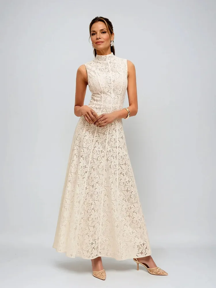 Half Turtleneck Sleeveless Semi-Sheer Lace Dress
