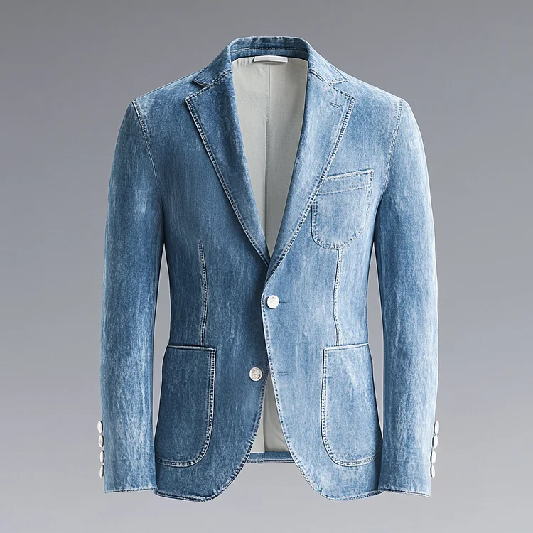 Okaywear Denim Notched Lapel Two Button Patch Pocket Blazer 