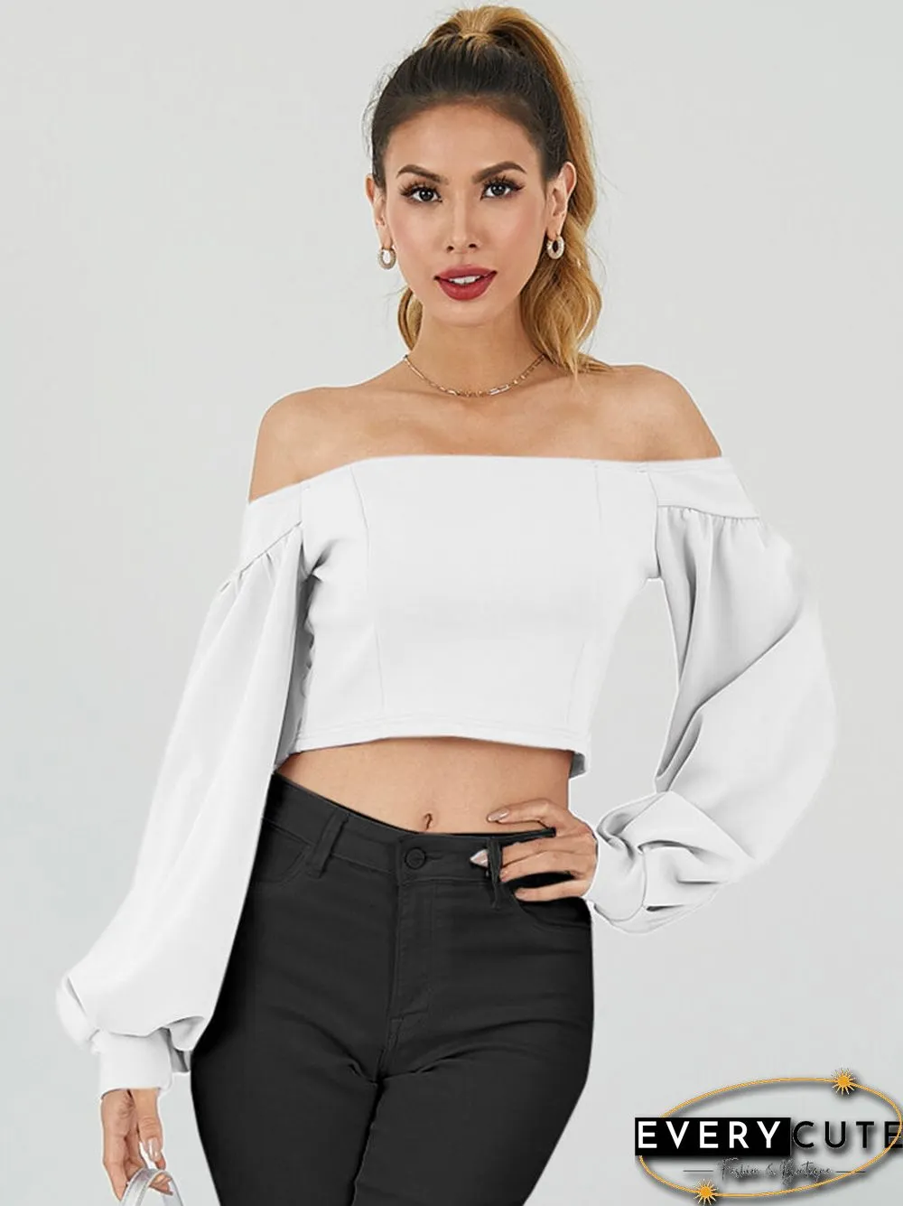 Solid Lantern Long Sleeve Off The Shoulder Crop Top