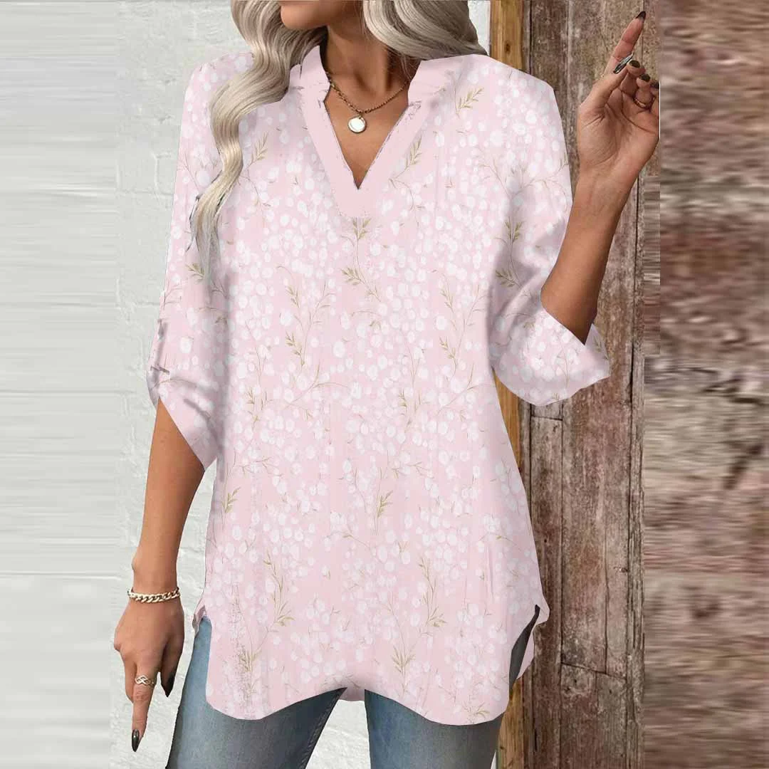 Women Pink, Floral DZGA0513 3/4 Sleeve V-neck Printed Graphic Button Tops