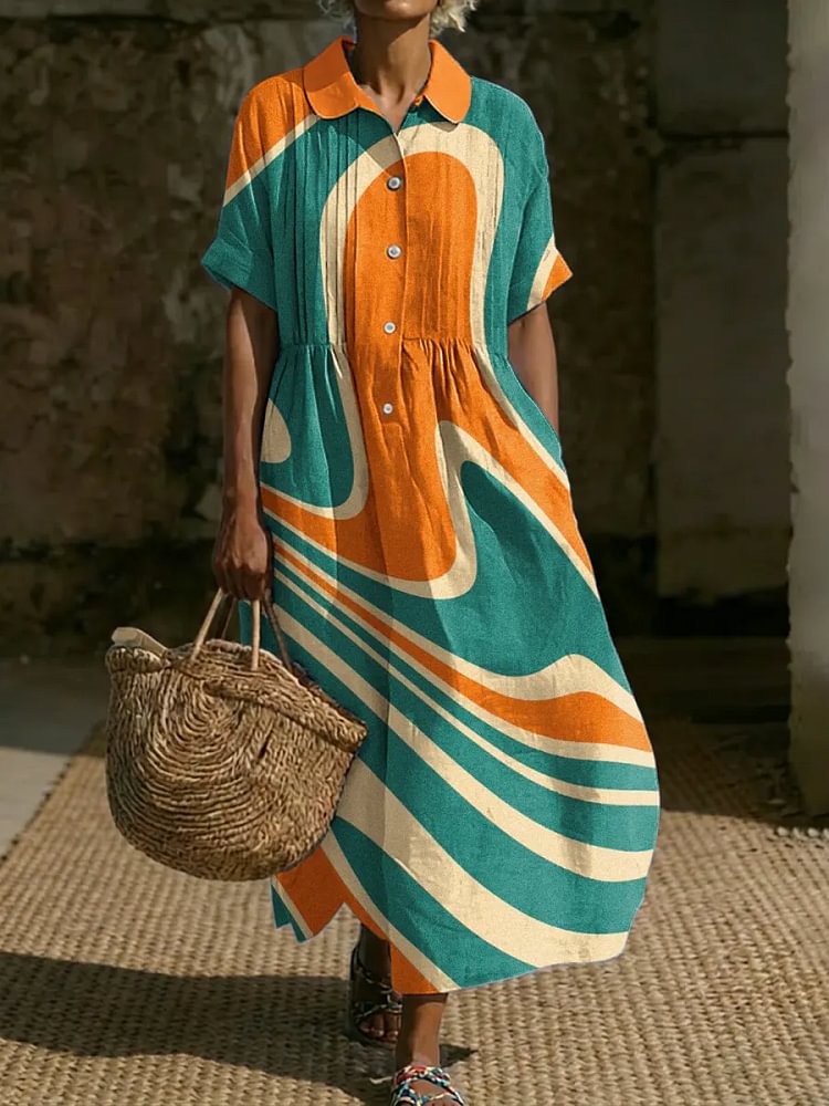 Women's Abstract Geometric Art Print Casual Short Sleeve Small Collared Linen Dress