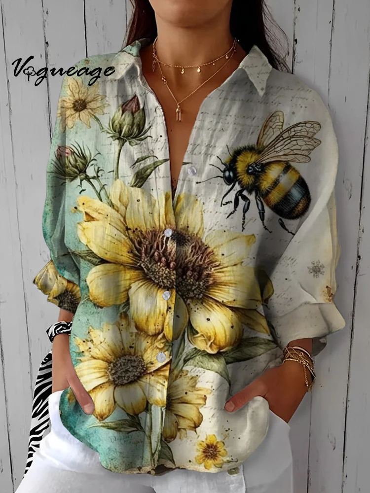 A Bee On A Beautiful Blooming Flower Printed Cotton And Linen Shirt