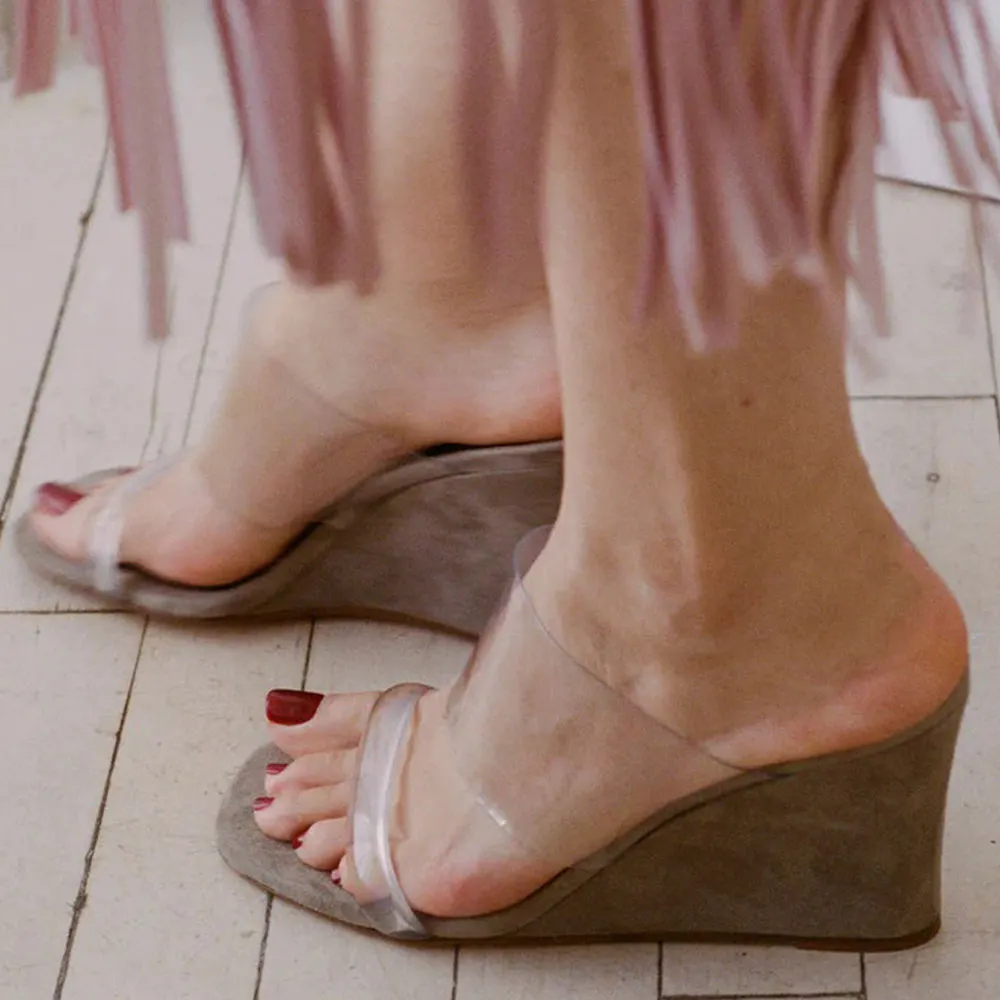 Grey Open Square Toe Slip On Transparent Strap High Heel Mules
