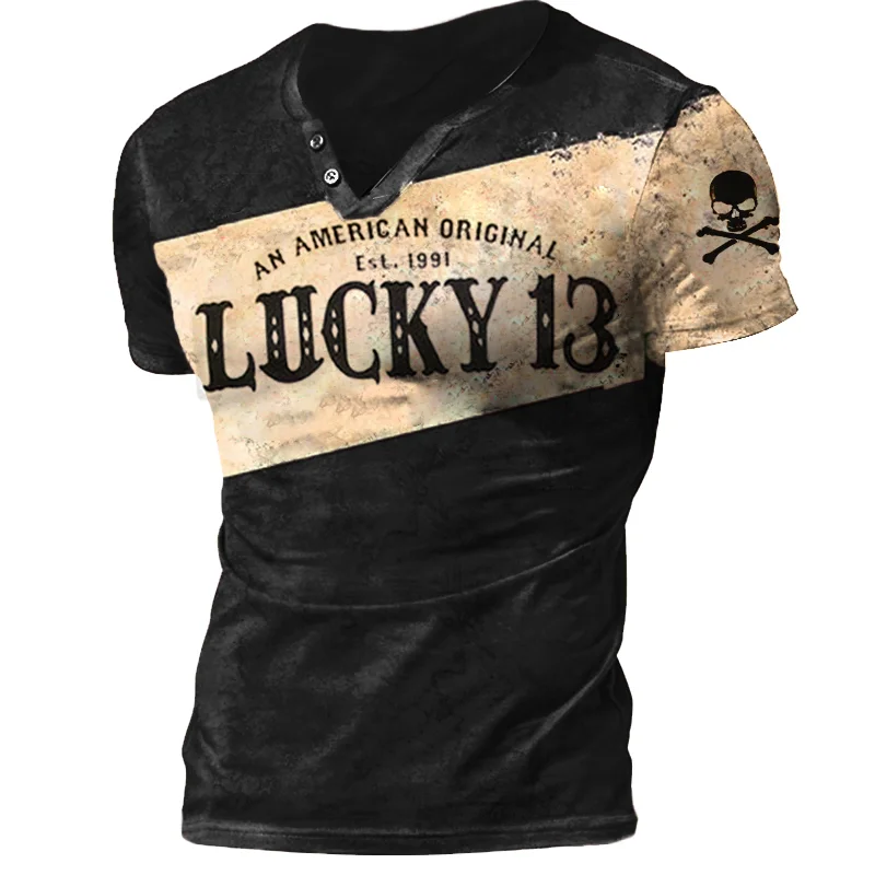 Men's Outdoor Lucky 13 Skull Print Short Sleeve T-Shirt