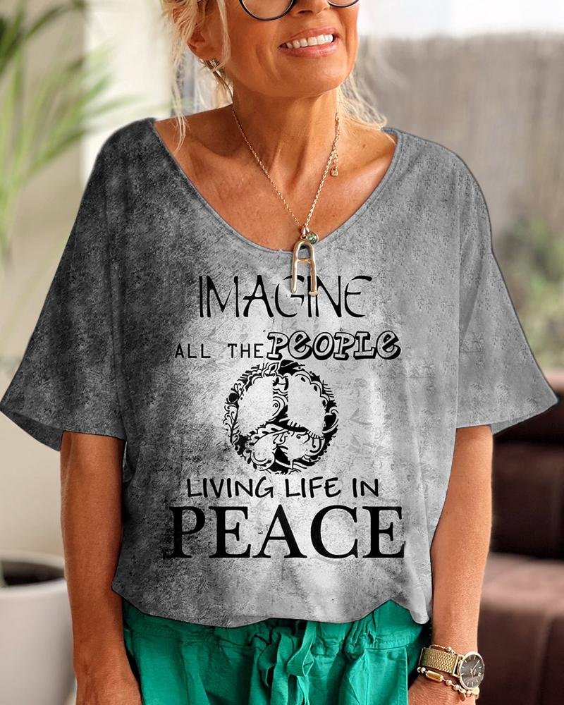 Imagine All The People Living Life In Peace V Neck Graphic T-shirt