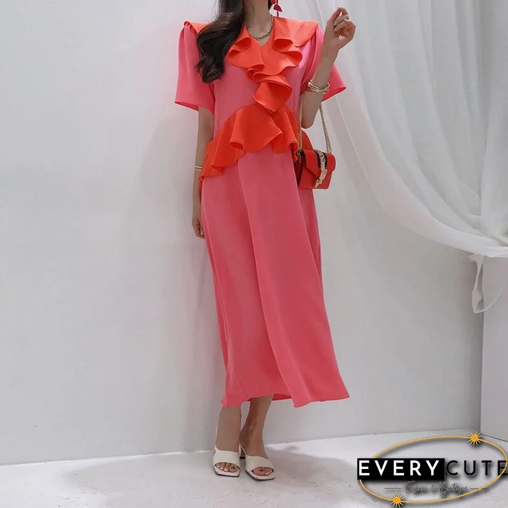 French elegant design sense ruffled contrast color dress women