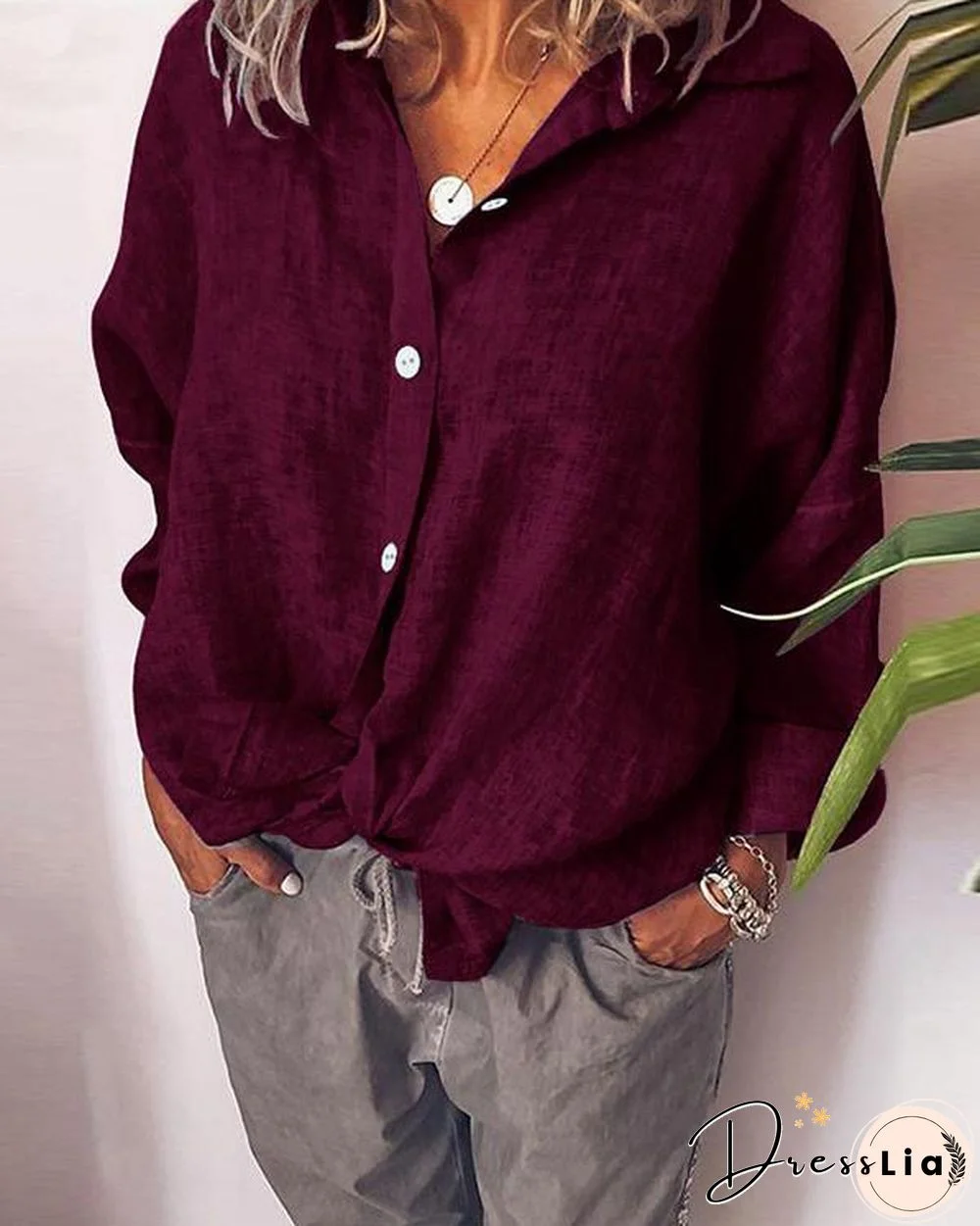 Women's Lapel Cardigan Two-tone Cotton Single-breasted Long Sleeve Shirt