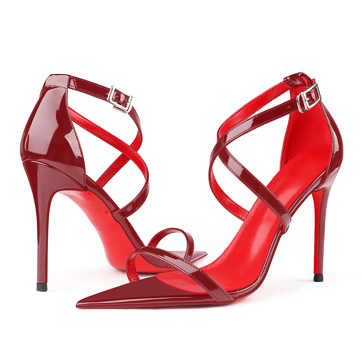 100mm Red Lined Thin Cross Strap Pointed Toe High Heels Red Bottom Party Sandals-MERUMOTE