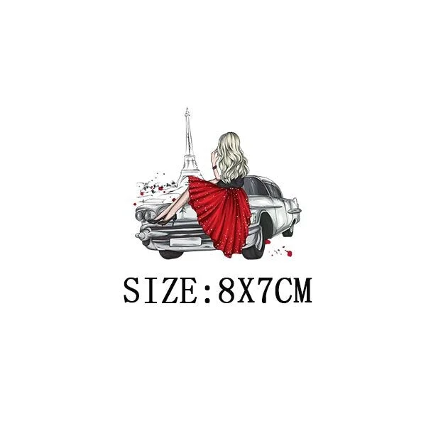 Pretty Girl&Car Iron On Transfer For T-shirt DIY Washable Thermal Sticker Fashion Design Patches On Clothes Appliqued Decoration