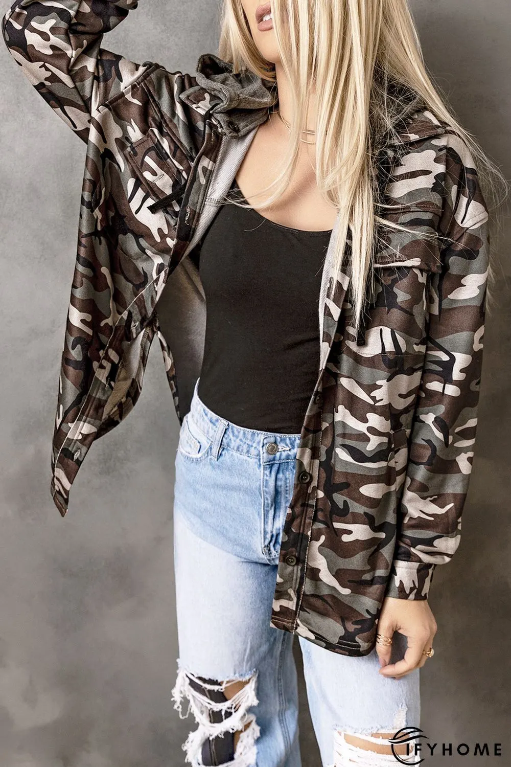 Green Camo Print Button up Hooded Jacket | IFYHOME