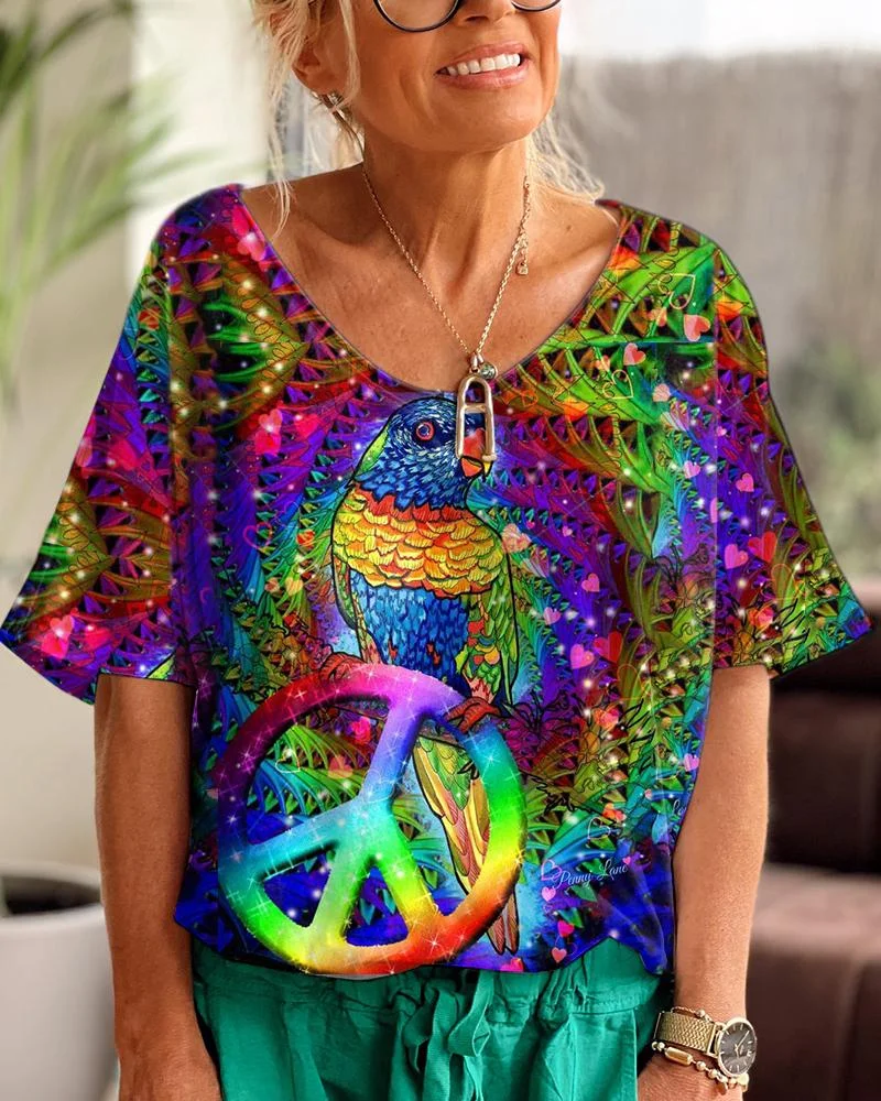 Hippie Peace Bird Colorful V Neck Graphic T-shirt