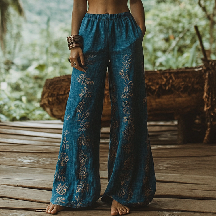 Bohemian Holiday Style Linen Bohemian Ethnic Totem Print Linen Long Loose Wide-leg Pants