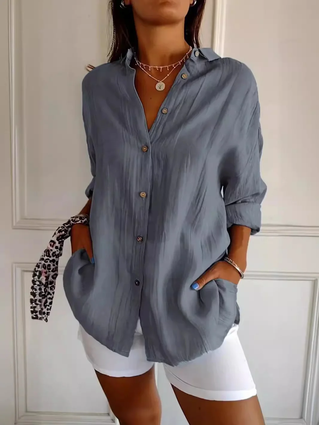 Nigikala Nigikala New Single-Dran Buckle Folding Collar Shirt Burst Lady Solid Color Can Sleeve Top