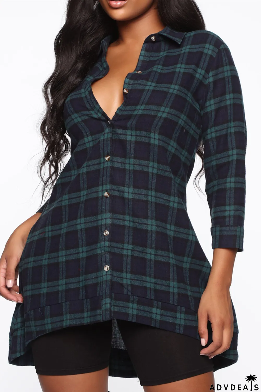 Blue Fashion Casual Plaid Print Asymmetrical Turndown Collar Tops