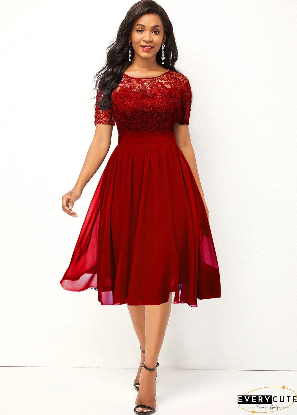 Chiffon Round Neck Lace Patchwork Red Dress