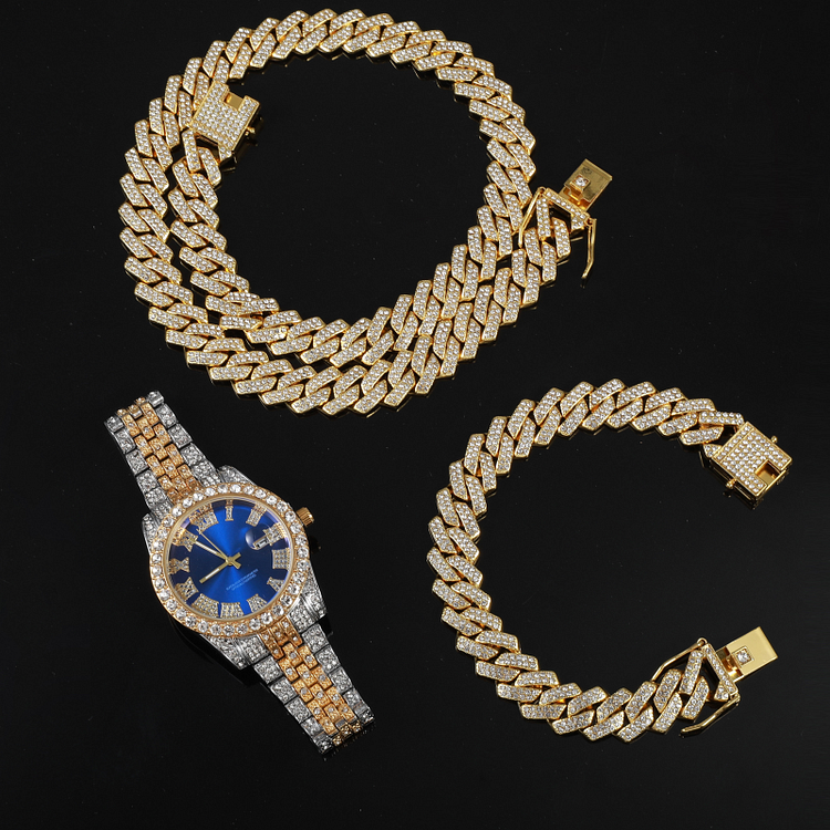 13MM 3pcs Iced Out Watch+Prong Cuban Chain+Bracelet Hip Hop Jewelry Set-VESSFUL
