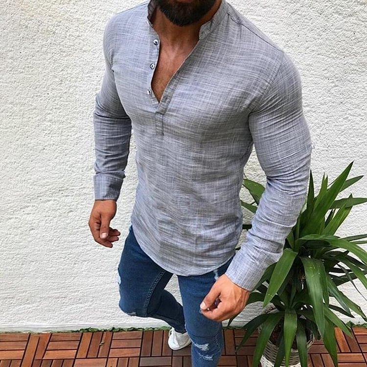 Men's Fashion Lapel Long Sleeve Solid Color Casual T-shirts Linen