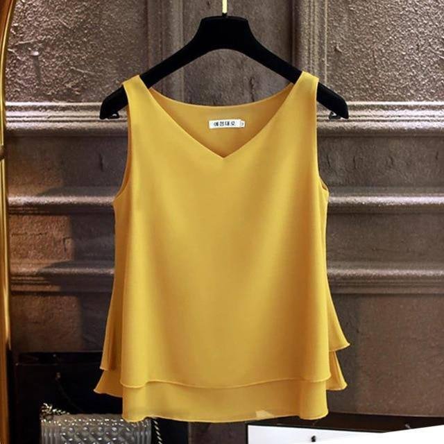 Brand Women's blouse Tops Summer sleeveless Chiffon shirt Solid V-neck