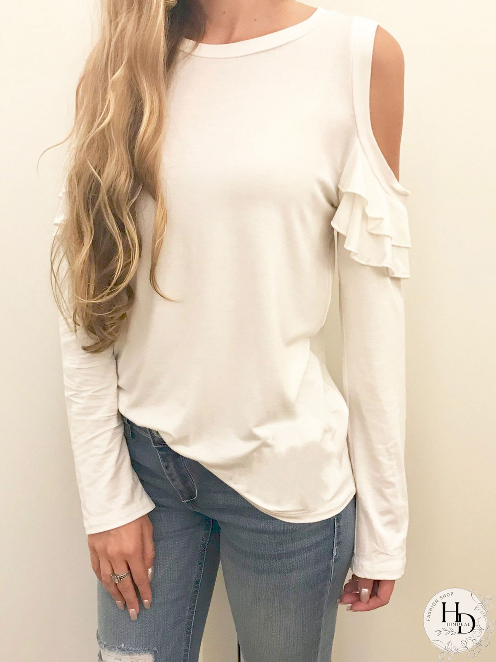 Crew Neck Regular Fit Casual Frill Sleeve Tops