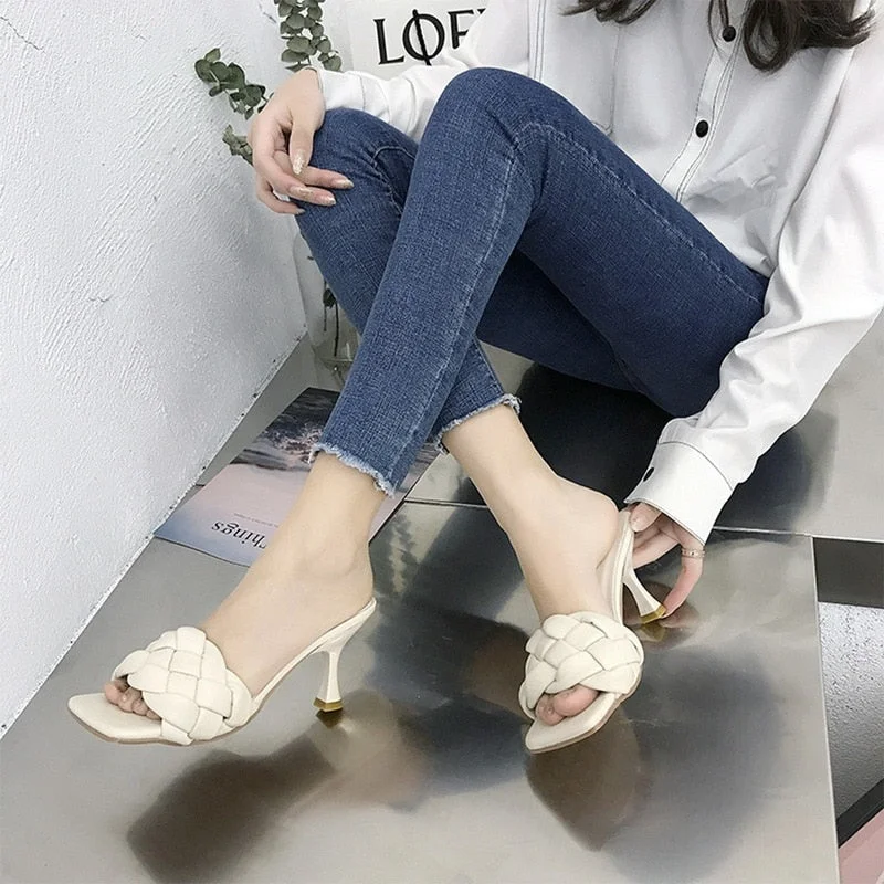 2021 Women Sandals Women Summer High Heel Slides Weave Open Toe Flat Casual Slippers Leisure Sandals Female Beach Sandals