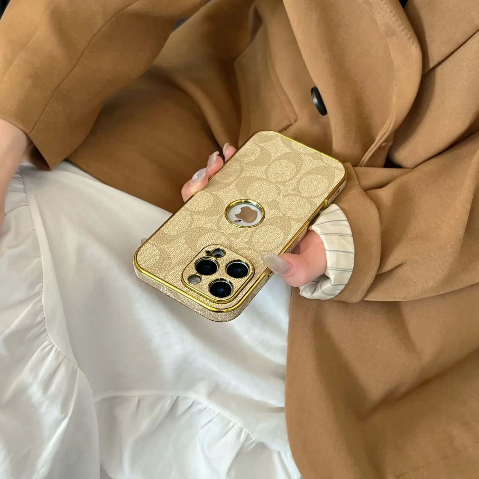Classic Coach Signature Canvas Leather Electroplated Apple iPhone Case