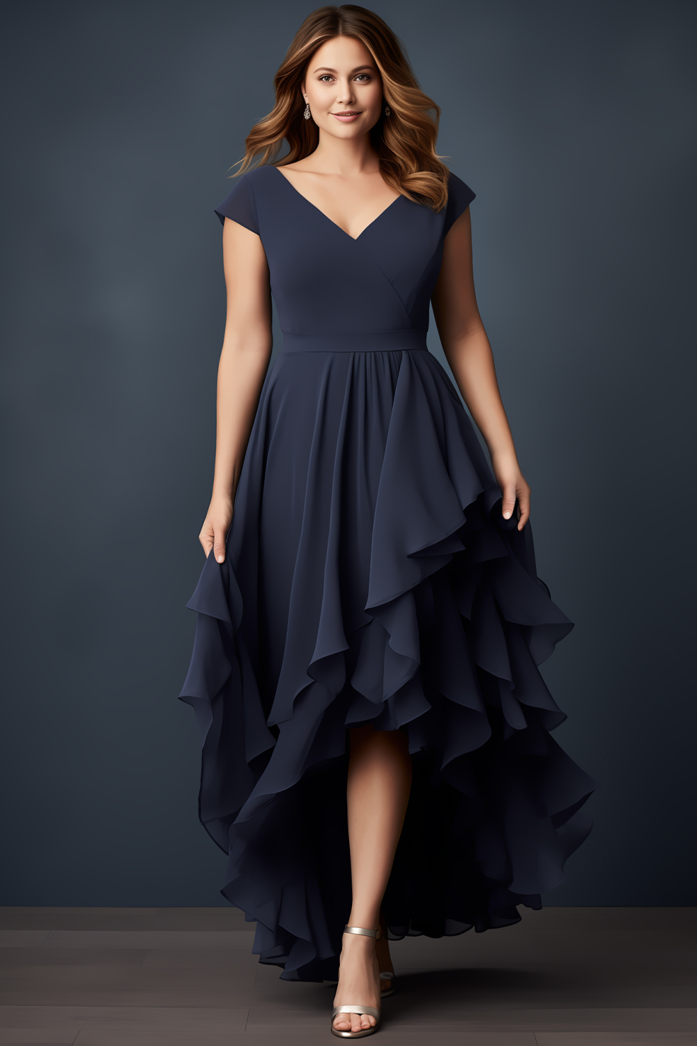 Flycurvy Plus Size Wedding Guest Navy Blue Chiffon Cap Sleeve Asymmetrical High Low Hem Maxi Dress 2024 - Flycurvy 
