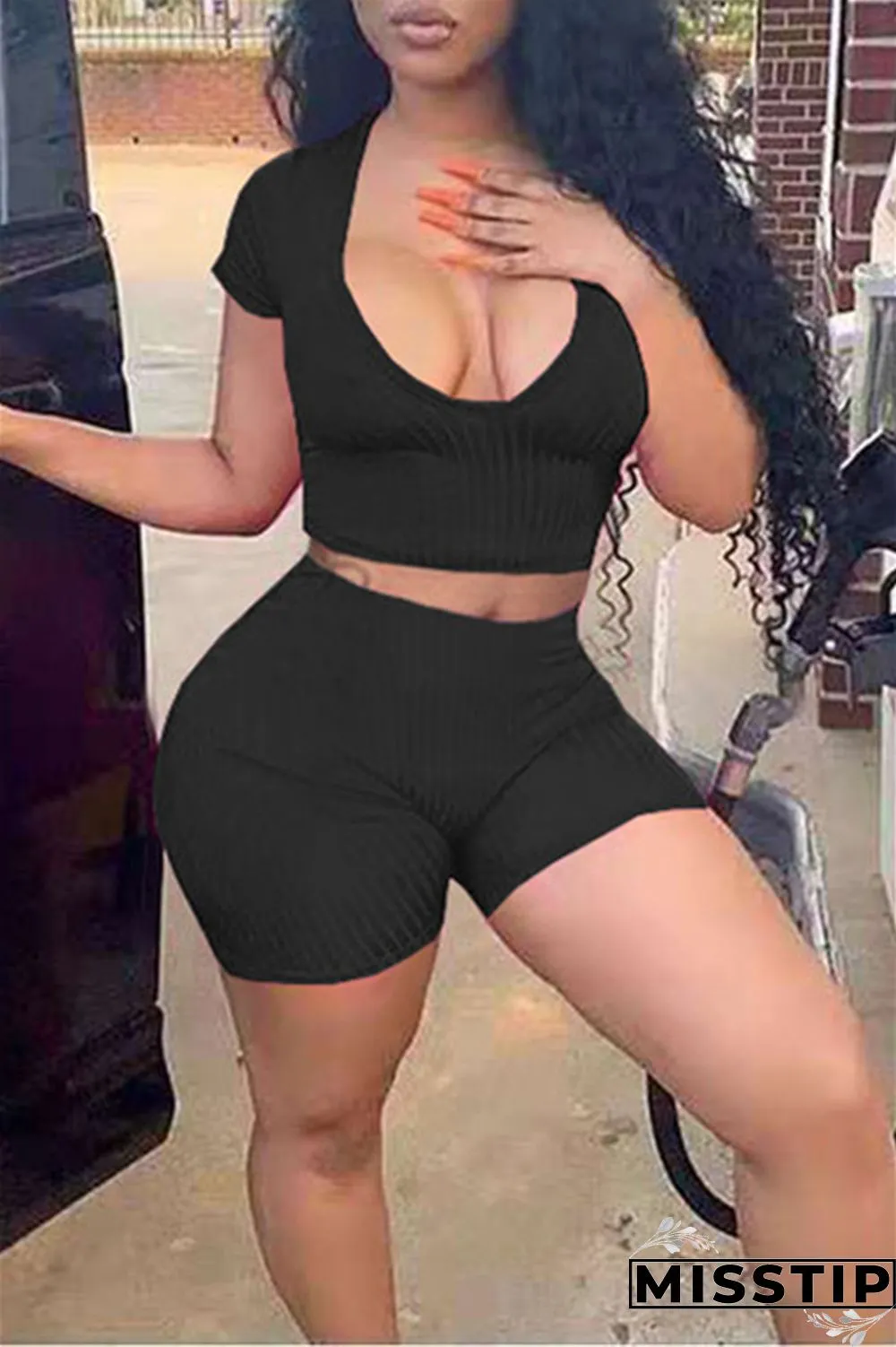 Orange Fashion Casual Solid Basic V Neck Short Sleeve Two Pieces