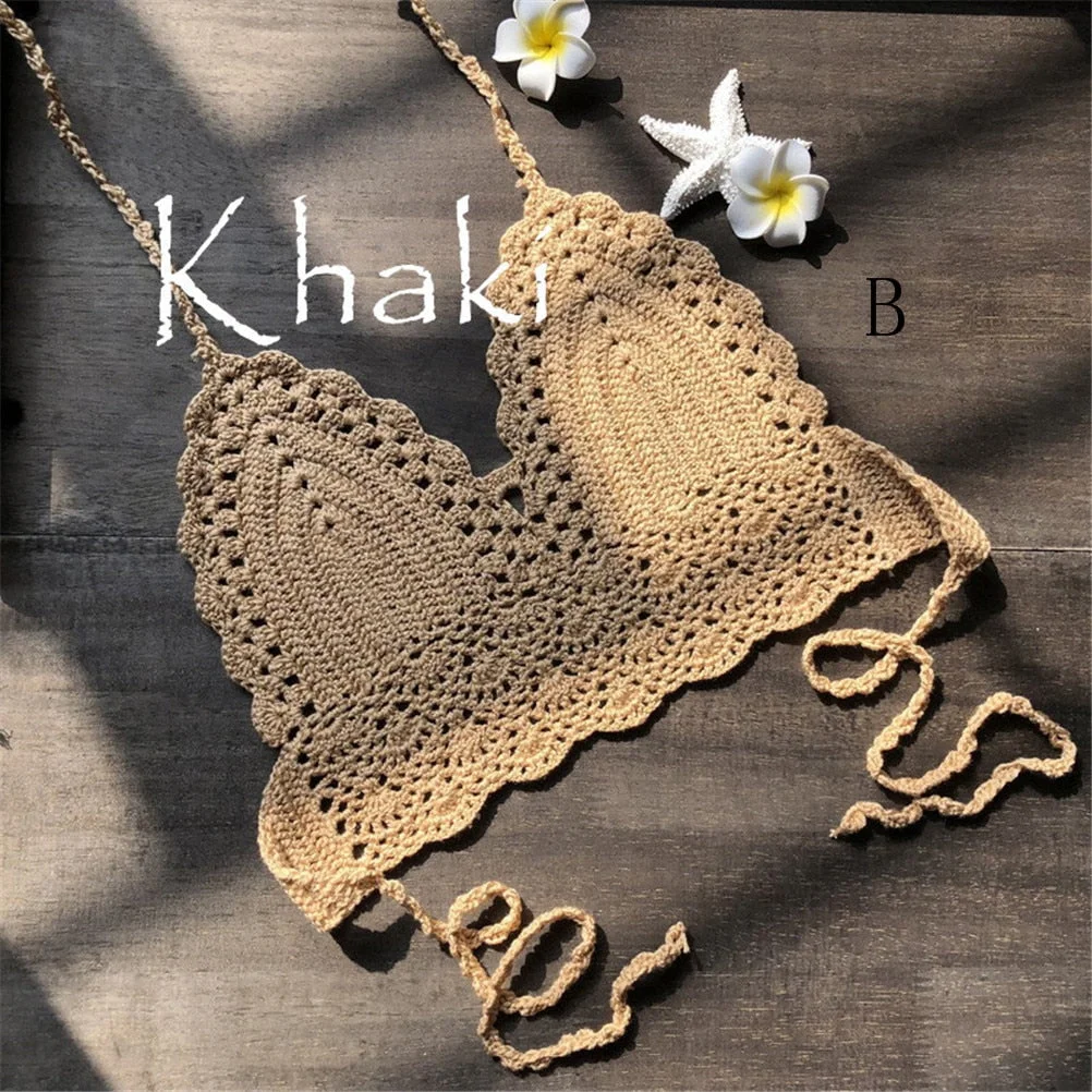 New Knit Crochet Cami Summer Bikini Beach Crop Top Sexy Women Bralette Halter Neck Crop Tops S / M / L / XL HOT