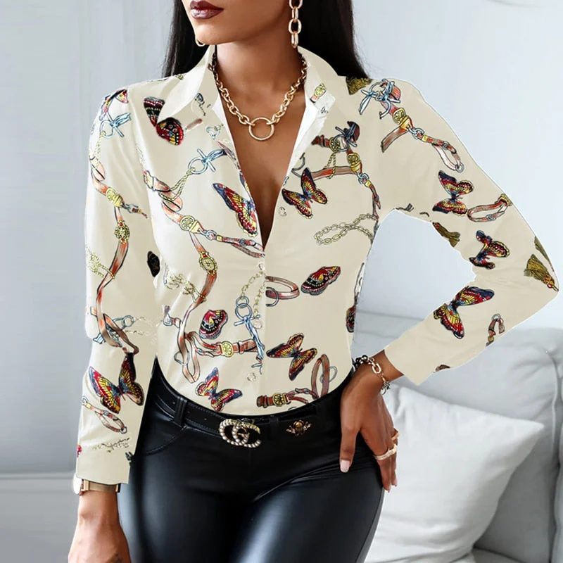 Women Vintage Floral Print Lacing Blouse Shirt Autumn Long Sleeve Sexy V Neck Ladies Top Casual Button Female Fashion Slim Blusa