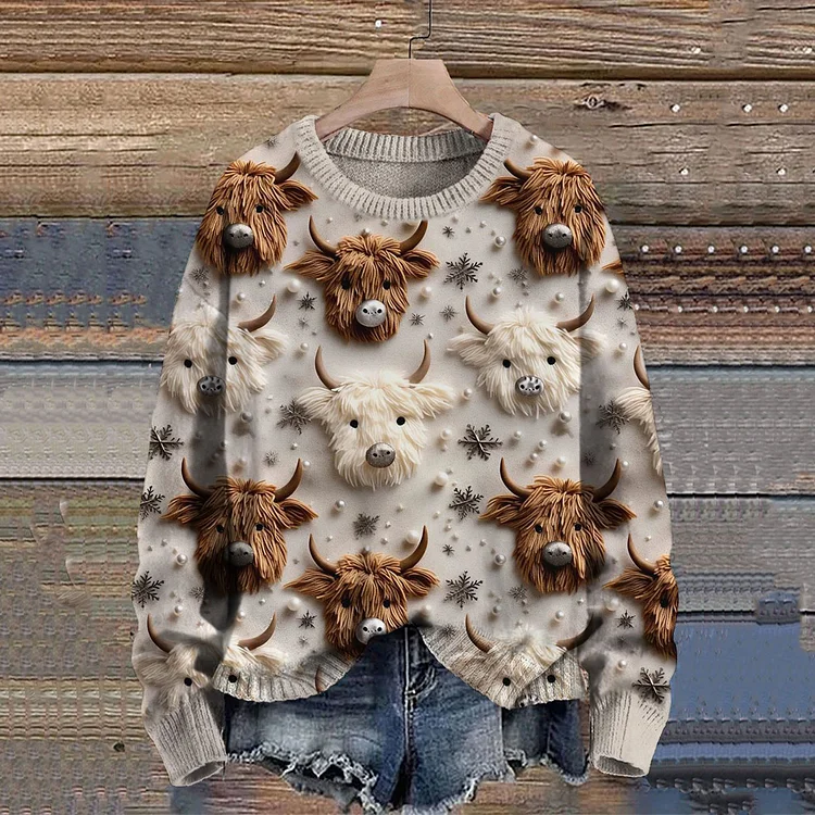 VChics Highland Cow Casual Cozy Knit Sweater