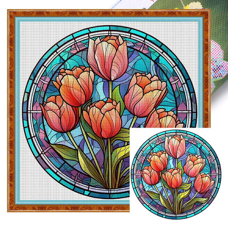 【Huacan Brand】Glass Art - Flower Tulip 18CT Stamped Cross Stitch 25*25CM