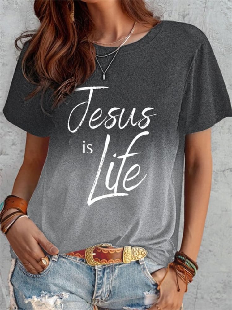 Vefave Jesus Is Life Print Crew Neck Loose Casual T Shirt