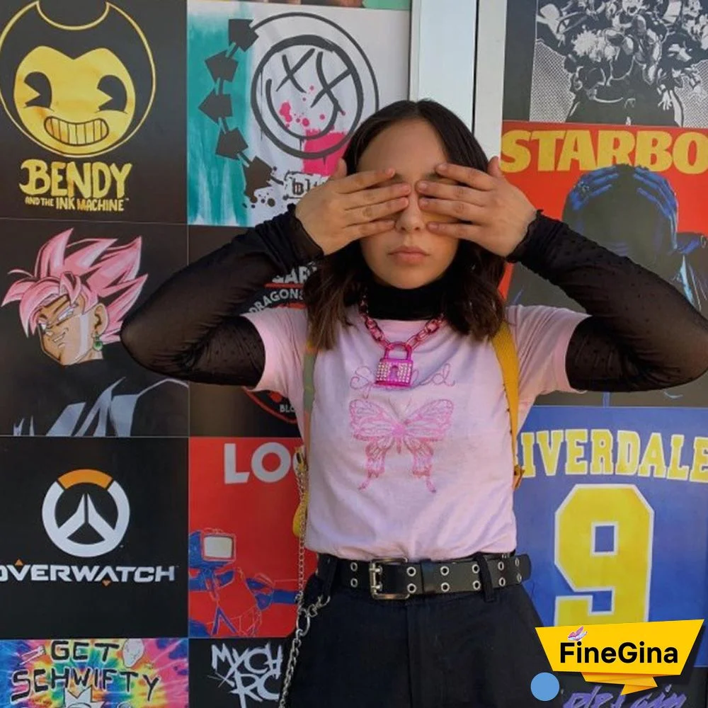 Summer Pink Cute Butterfly Print Cotton Crop Tops Women Fashion High Street Casual Tees Basic Slim Short Sleeve Tshirt