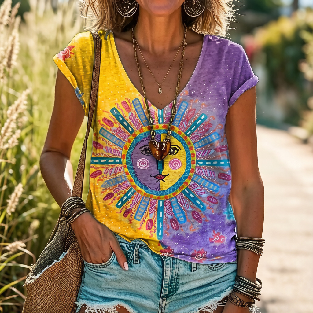 Comstylish Women's Hippie Sun Pattern Color Block V-neck Short Sleeve T-shirt