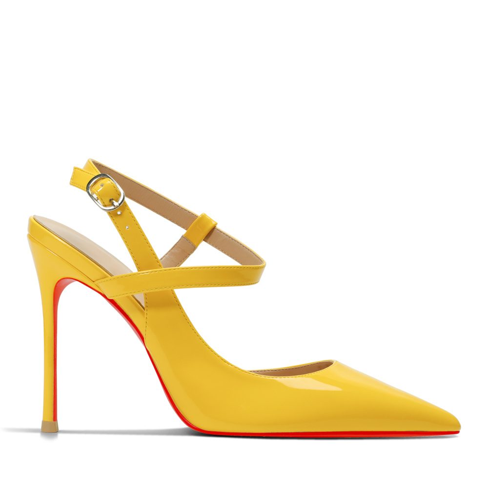 100mm Women Slingback Pumps Ankle Strap Jenlove Stiletto Mid Heel Close Pointed Toe Dress Red Bottoms Shoes-MERUMOTE