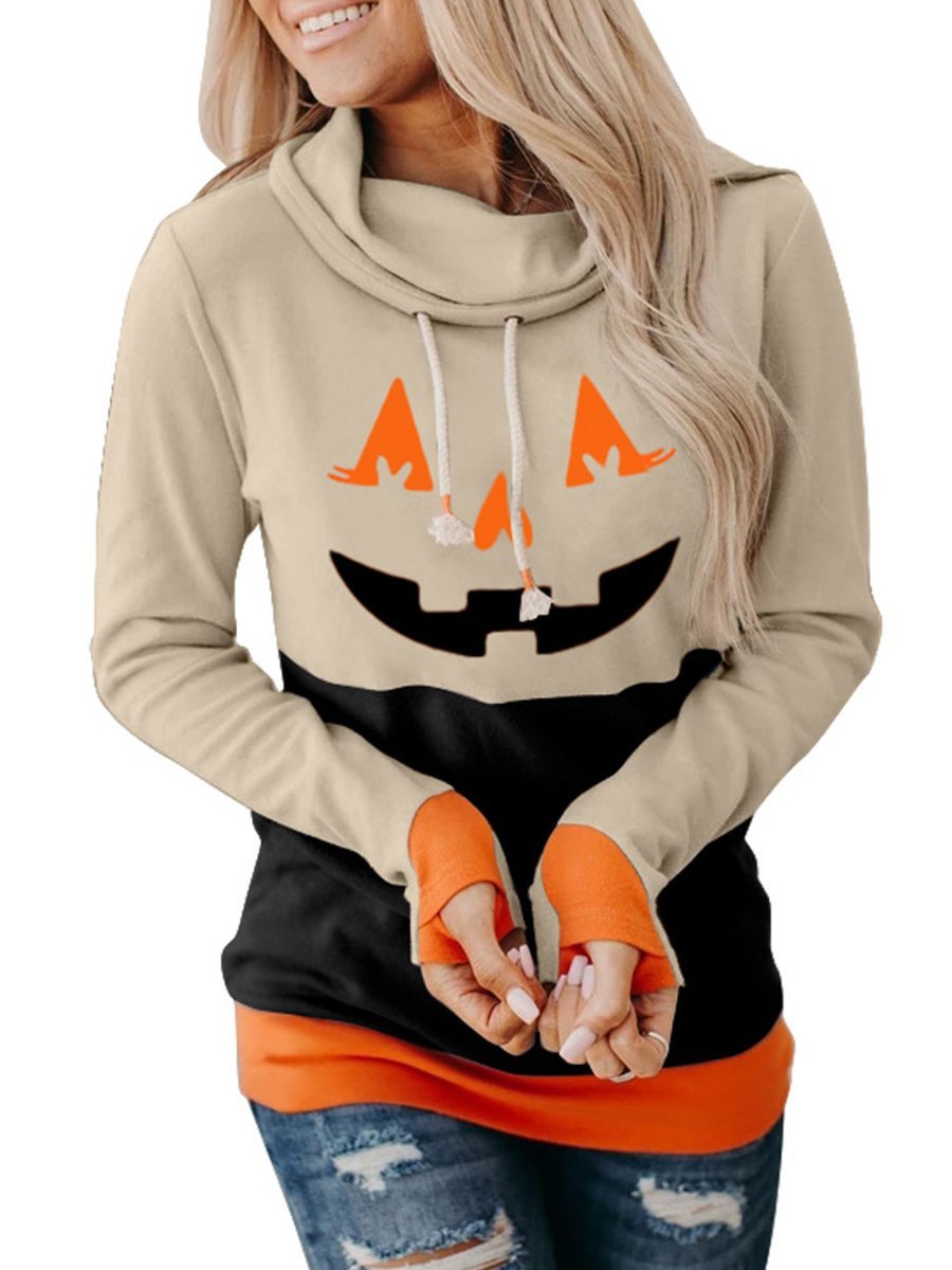 Halloween Hoodie Women's Pumpkin Face Colorblock Drawstring Sports Fall Sweatshirts