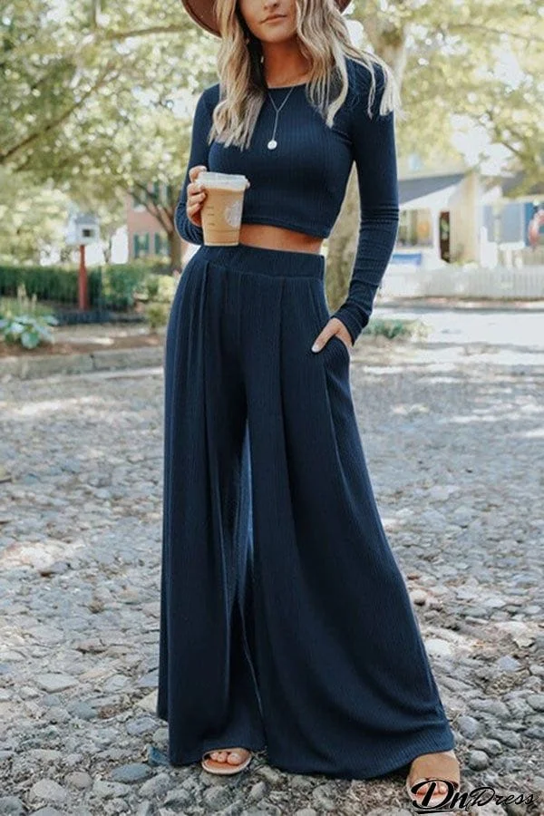 Long Sleeve Cropped Top Wide Leg Pleated Pants Set