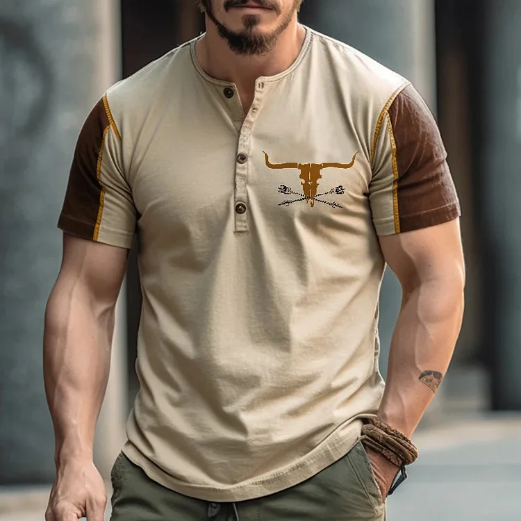 BrosWear Khaki Color Matching Henley Collar Shirt