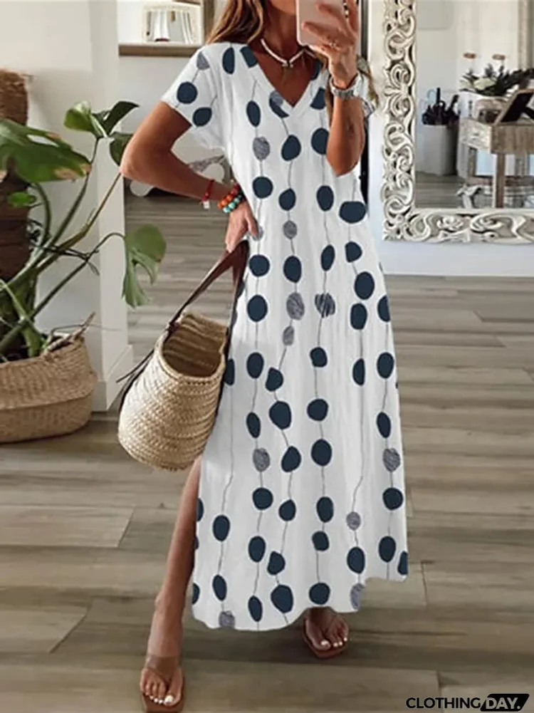 Women's Long Dress Maxi Dress Casual Dress A Line Dress Print Dress Polka Dot Fashion Streetwear Daily Date Vacation Split Print Short Sleeve V Neck Dress Regular Fit White Spring Summer S M L XL XXL