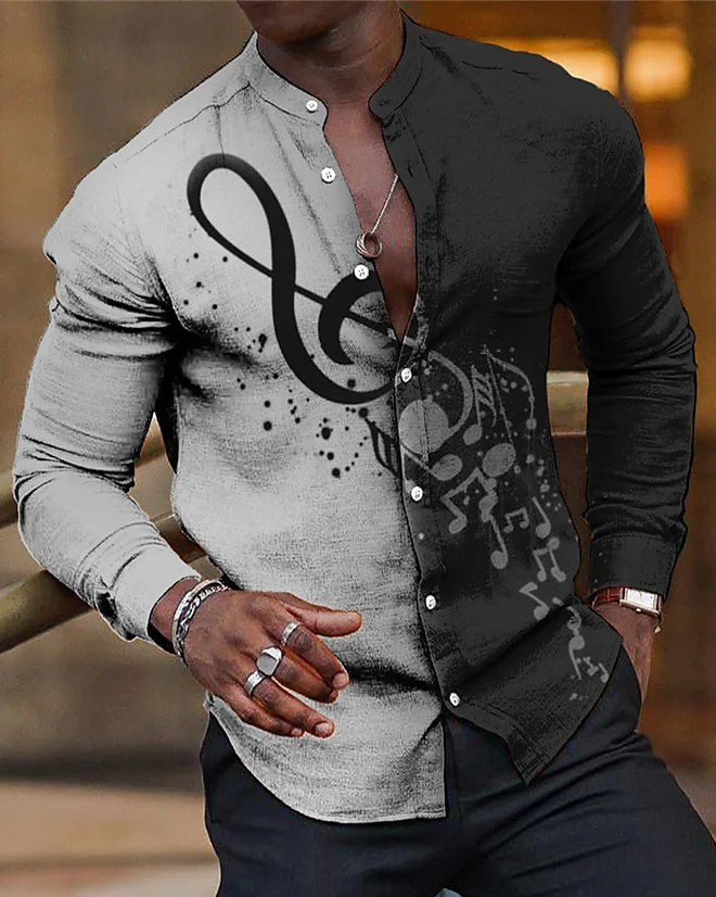 Suitmens Men's Cotton Linen Jazz Note Stand Collar Long Sleeve Shirt 057