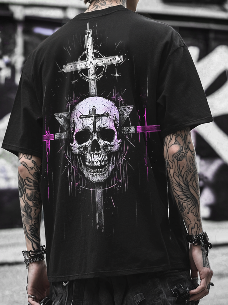 Satanic Skull Devil Dark Cross Purple Digital 3D Printed Unisex Casual T-shirt / Rvogue / Rvogue
