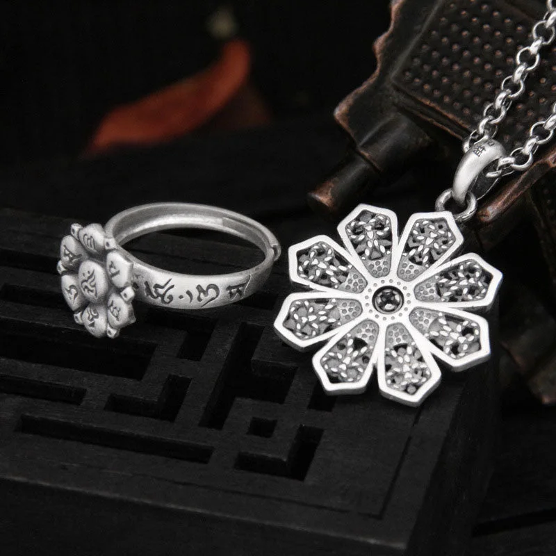 Om Mani Padme Hum Lotus 999 Sterling Silver Swastika Purity Rotatable Necklace Ring