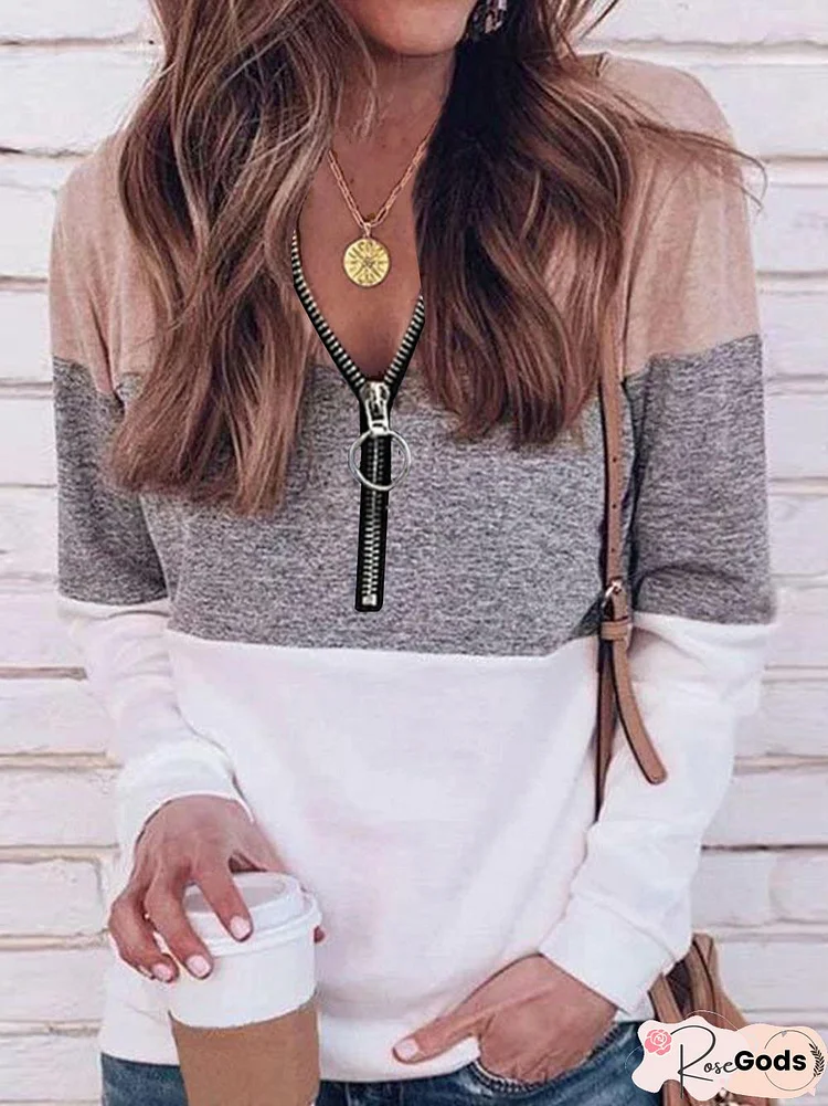 Pink Long Sleeve Zipper V Neck Color-Block Tops