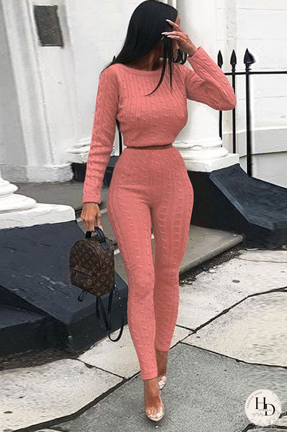 Coffee Elastic Fly Long Sleeve Mid Solid pencil Pants Two-piece suit