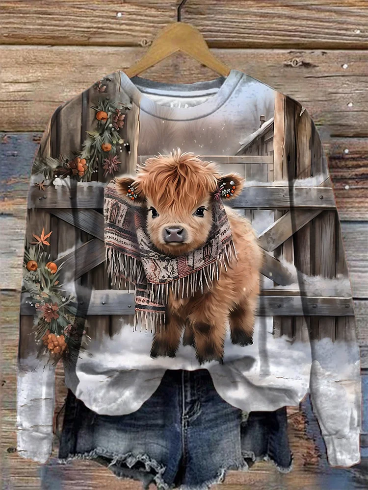 Women's Winter Highland Cow Round Neck Long Sleeve Top socialshop
