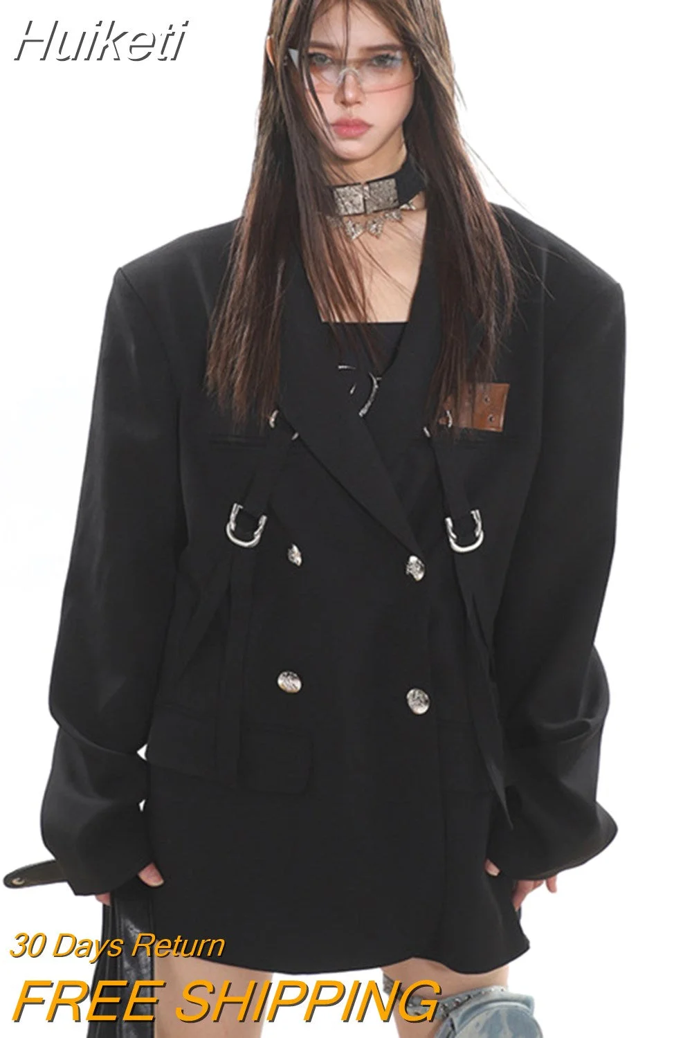 Huiketi Fashion Notched Collar Women Blazers Metal Buckle Spliced Full Sleeve Casual Loose Suit Jacket Autumn 2023 New 5R5645